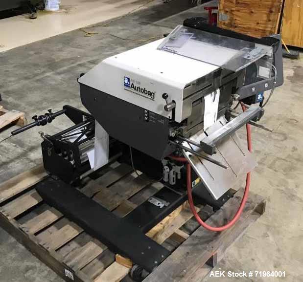 Used Automated Packaging Systems Autobag Model AB 180 Bagger. Capable of up to 80 bags per minute. Has bag size range of 2" to 11" wide X 3" to 22" long, bag thickness of 1.0 to 4.0 mil, and Pass-thr...