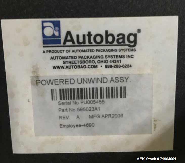 Used Automated Packaging Systems Autobag Model AB 180 Bagger. Capable of up to 80 bags per minute. Has bag size range of 2" to 11" wide X 3" to 22" long, bag thickness of 1.0 to 4.0 mil, and Pass-thr...