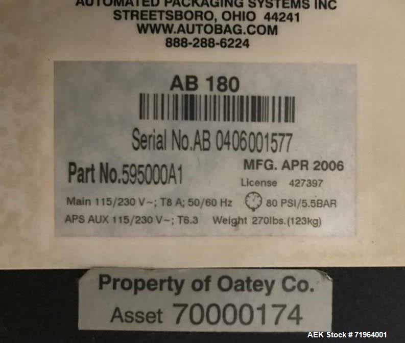 Used Automated Packaging Systems Autobag Model AB 180 Bagger. Capable of up to 80 bags per minute. Has bag size range of 2" to 11" wide X 3" to 22" long, bag thickness of 1.0 to 4.0 mil, and Pass-thr...