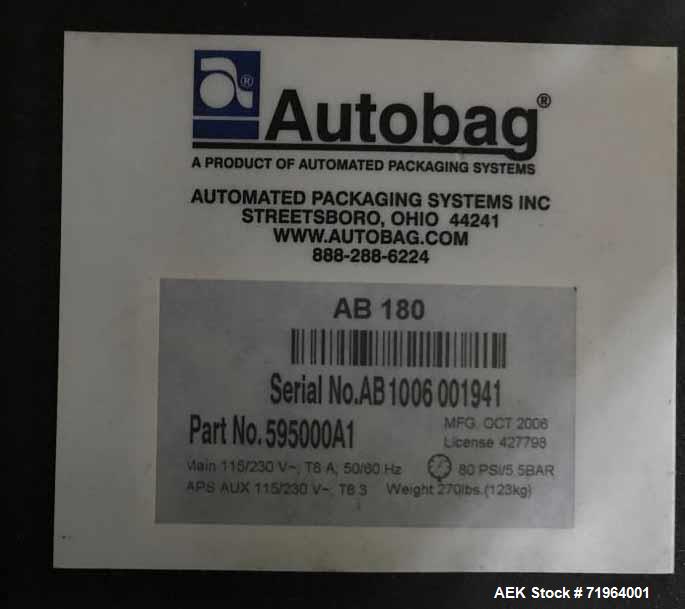 Used Automated Packaging Systems Autobag Model AB 180 Bagger. Capable of up to 80 bags per minute. Has bag size range of 2" to 11" wide X 3" to 22" long, bag thickness of 1.0 to 4.0 mil, and Pass-thr...