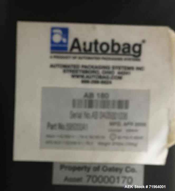 Used Automated Packaging Systems Autobag Model AB 180 Bagger. Capable of up to 80 bags per minute. Has bag size range of 2" to 11" wide X 3" to 22" long, bag thickness of 1.0 to 4.0 mil, and Pass-thr...