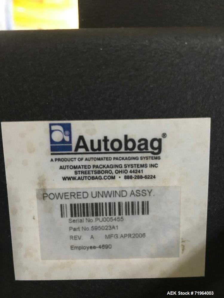 Used Automated Packaging Systems Autobag Model AB 180 Bagger. Capable of up to 80 bags per minute. Has bag size range of 2" to 11" Wide X 3" to 22" Long, bag thickness of 1.0 to 4.0 mil, and Pass-thr...