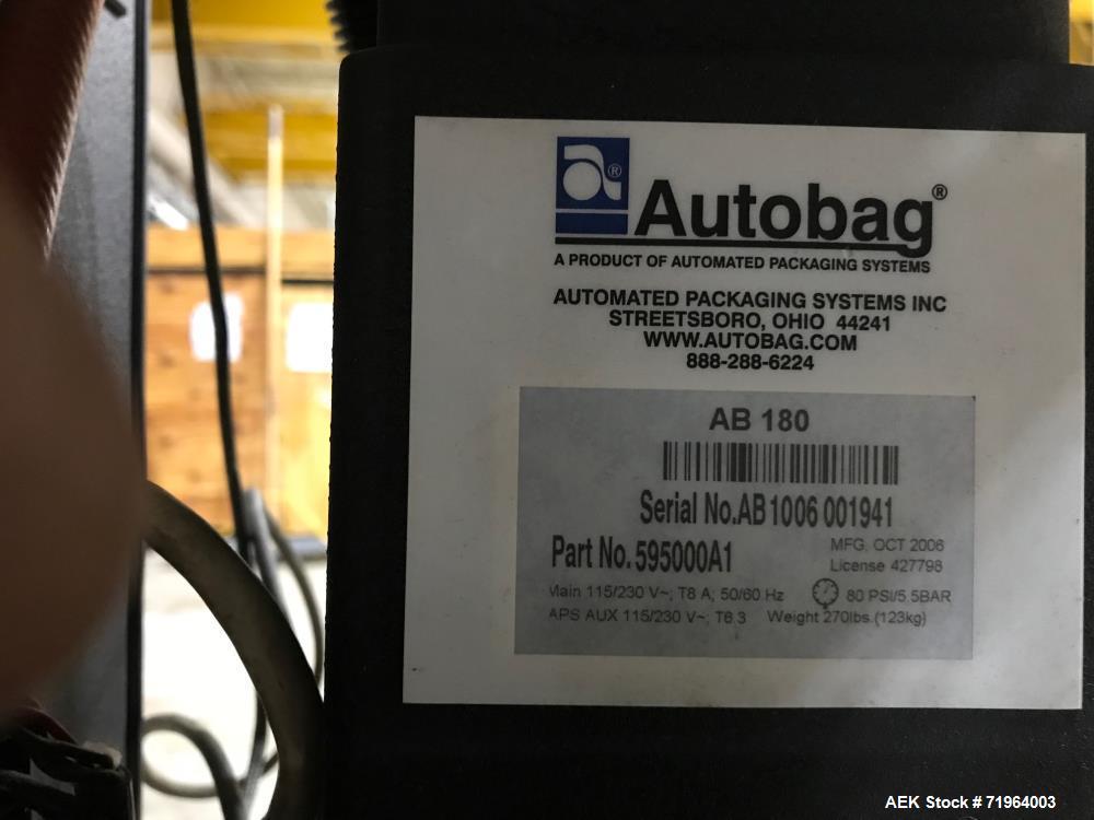 Used Automated Packaging Systems Autobag Model AB 180 Bagger. Capable of up to 80 bags per minute. Has bag size range of 2" to 11" Wide X 3" to 22" Long, bag thickness of 1.0 to 4.0 mil, and Pass-thr...