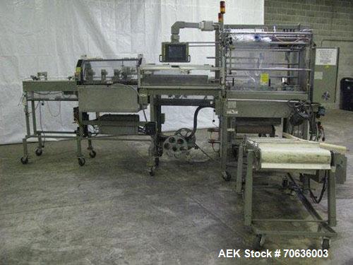 Used Rennco Dual 501 Vertical L-Bar Sealer with model CCL (cup counter loader). Horizontal seal approximately 36" wide, vertical seal is approximately 22" long. Has scrap removal and dual cleated 24"...
