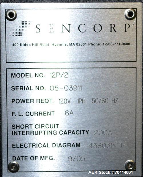 Used Sencorp Model 12-P/2 Benchtop Bag Sealer. Constant heat design with a 12" wide seal jaw x 1" deep seal. Includes a P-Series LCD touch screen HMI, and emergency stop. 1/50/60/120V. Built 2005.