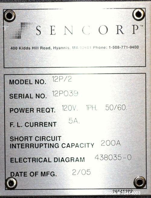 Used Sencorp Model 12-P/2 Benchtop Bag Sealer. Constant heat design with a 12" wide seal jaw x 1" deep seal. Includes a P-Series LCD touch screen HMI, and emergency stop. 1/50/60/120V. Built 2005.