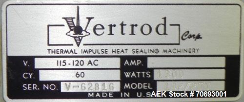 Used Vertrod Thermal Impulse Heat Sealer, Model 14P/PTV. Approximately 14” long heat sealing area, foot pedal controls.  1300 Watts, 115/120 volt AC.  Mounted on a carbon steel frame.