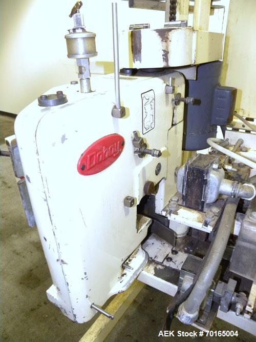 Used Doboy Model D-95A HD Bag Sewing System. Trims top of bag, folds tape over top of bag and stitches bags up to 50 linear feet per minute, can do a 1 or 2 thread stitch, and has a variable speed dr...