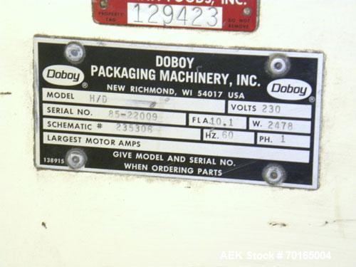 Used Doboy Model D-95A HD Bag Sewing System. Trims top of bag, folds tape over top of bag and stitches bags up to 50 linear feet per minute, can do a 1 or 2 thread stitch, and has a variable speed dr...