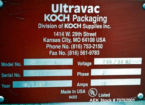 Used Koch Packaging Model Ultravac 2100-A Double Chamber Vacuum Packaging Machine. Up to 15,000 4” x 6” packages per eight hour shift. Each chamber 30.9” wide x 26.6” long x 8” deep. Includes a Busch...