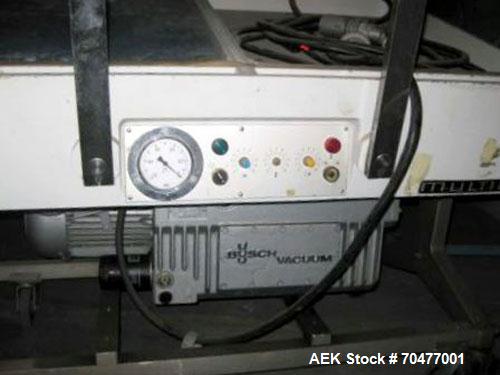 Used Multivac Dual Chamber Vacuum Packaging Machine, Model AG800. Packaging speed 2 to 3 cycles per minute. MAP Modified atmosphere packaging machine has a chamber size 24" x 30" x 3.75"deep. Include...