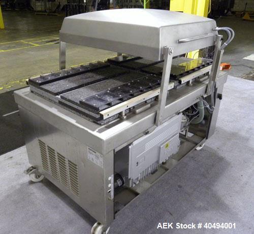 Used Multivac Dual Chamber Vacuum Packaging Machine, model C500, stainless steel. Packaging speed 2 to 3 cycles per minute. Chamber depth 750mm, sealbar configurations 2 x 650mm per sealing chamber. ...