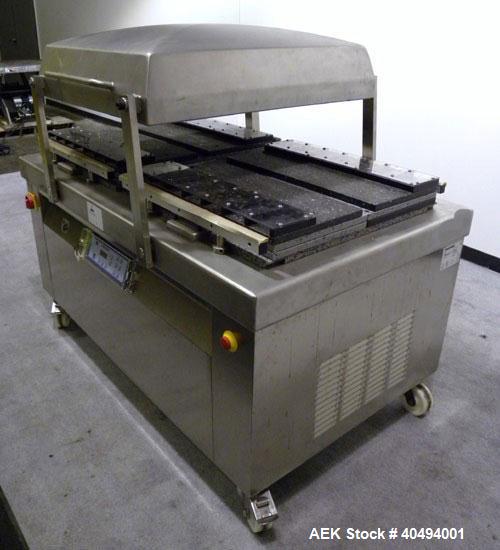Used Multivac Dual Chamber Vacuum Packaging Machine, model C500, stainless steel. Packaging speed 2 to 3 cycles per minute. Chamber depth 750mm, sealbar configurations 2 x 650mm per sealing chamber. ...
