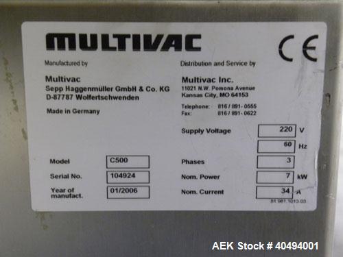 Used Multivac Dual Chamber Vacuum Packaging Machine, model C500, stainless steel. Packaging speed 2 to 3 cycles per minute. Chamber depth 750mm, sealbar configurations 2 x 650mm per sealing chamber. ...