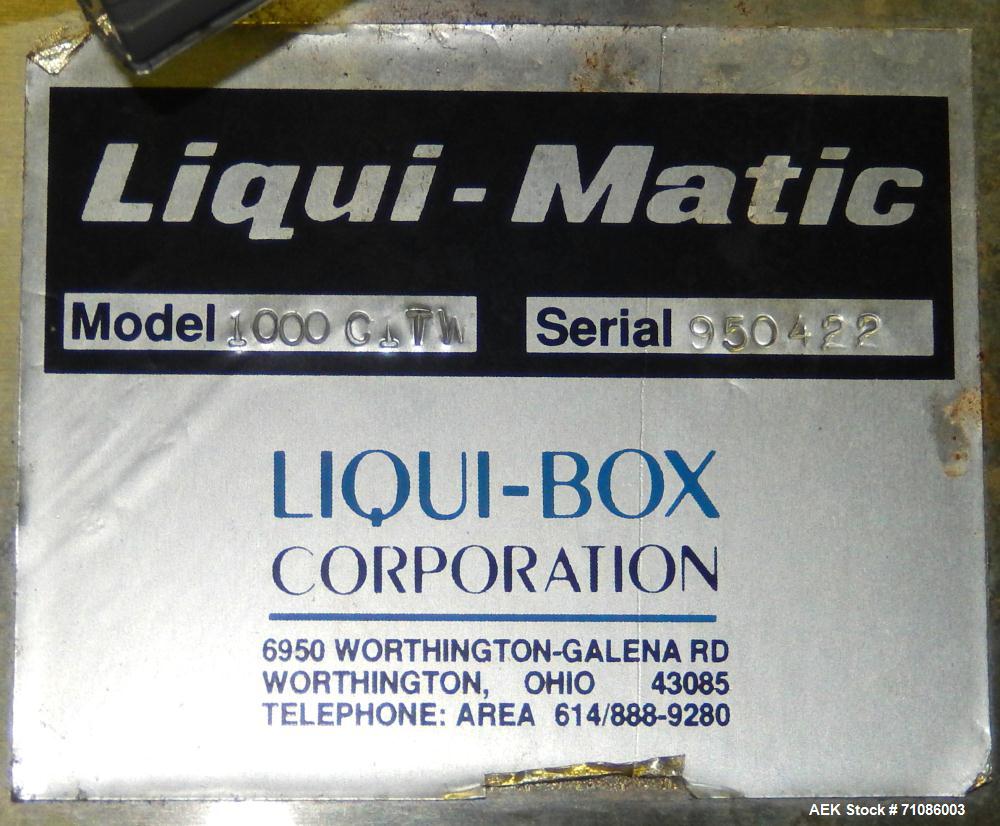 Used Liqui-Box Corp Model 1000-CIT-W Bag-In-Box Liquid Filler. Is capable of speeds from 3-6 per minute at fills from 1 to 5 gallons. Is a single-head filler, best used for oxygen-sensitive products....