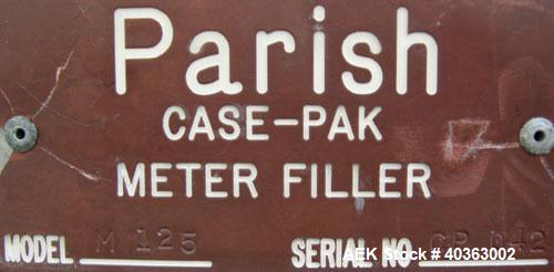 Used Parish Case-Pak meter filler, model M125, 304 stainless steel. Capacity one gallon to six gallon bags. Designed to automatically fill predetermined volumes of liquid products into polyethylene b...