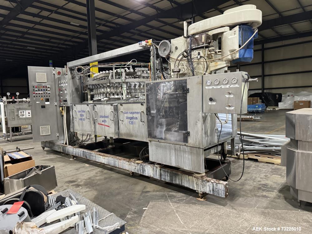 Used KHS/SEN HW60 Rotary Filler with Pneumatic Scale (Angelus) Model 120L Rotary 12 Head Can Seamer. Seamer is capable of speeds up to 1200 cans per minute (depending on application). Can size range:...