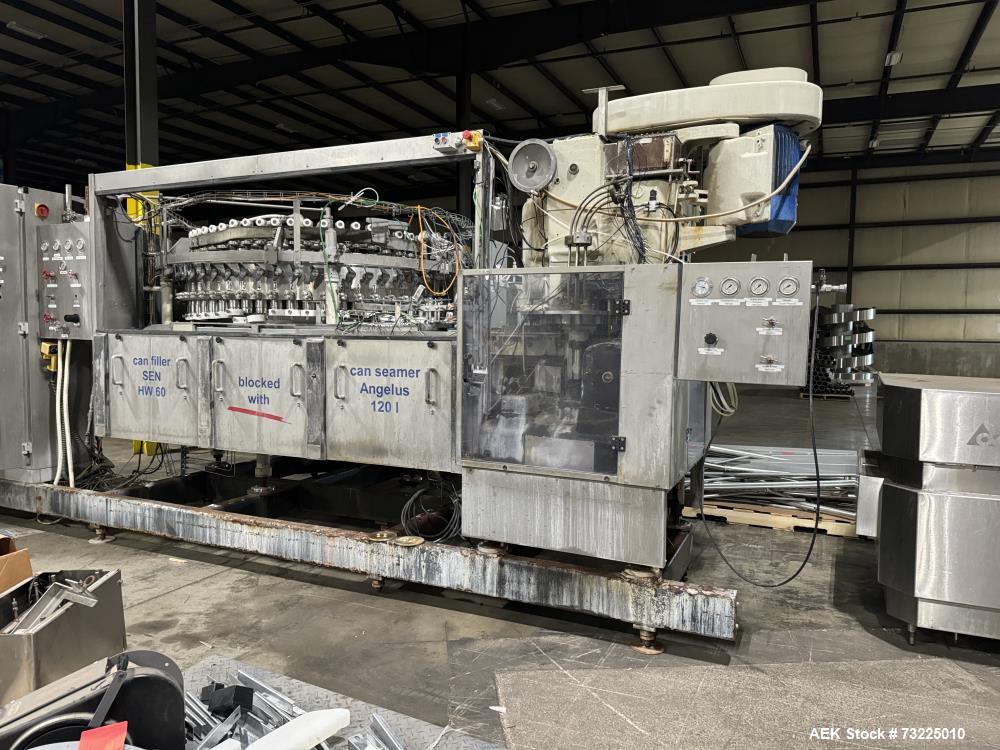 Used KHS/SEN HW60 Rotary Filler with Pneumatic Scale (Angelus) Model 120L Rotary 12 Head Can Seamer. Seamer is capable of speeds up to 1200 cans per minute (depending on application). Can size range:...
