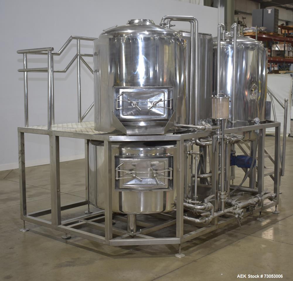 Used- Allied Beverage Tanks Complete 3.5 BBL S/S Brewhouse System . With 3.5 BBL Mash Tun/Brew Kettle. 32 in Interior Diamet...