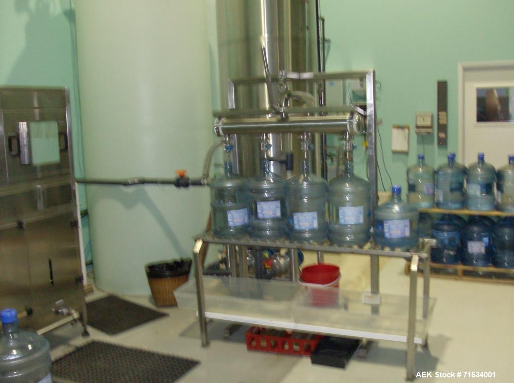 Used Water Bottling Plant, 18.9L, 11L, and 4L Bottles. Plant consists of: 1 x 4 bottle filler with conveyor. (1) bottle water cooler type washer with ozonator. (1) Ozonator, (1) oxygen generator and ...