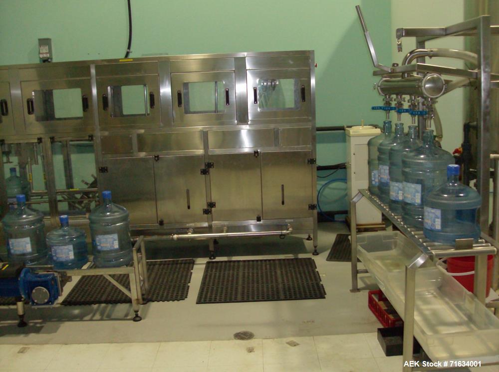 Used Water Bottling Plant, 18.9L, 11L, and 4L Bottles. Plant consists of: 1 x 4 bottle filler with conveyor. (1) bottle water cooler type washer with ozonator. (1) Ozonator, (1) oxygen generator and ...