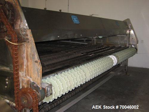 Used I&H Pasteurizer/Cooler, Approximately 14' x 60', Stainless Steel. Cooling tunnel with plastic Intralox-style belt. Discharge end drive. Modular construction consisting of (7) 8’ long sections. I...