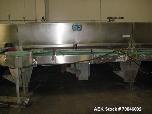 Used I&H Pasteurizer/Cooler, Approximately 14' x 60', Stainless Steel. Cooling tunnel with plastic Intralox-style belt. Discharge end drive. Modular construction consisting of (7) 8’ long sections. I...