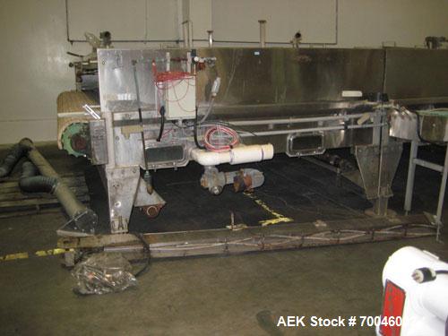 Used I&H Pasteurizer/Cooler, Approximately 14' x 60', Stainless Steel. Cooling tunnel with plastic Intralox-style belt. Discharge end drive. Modular construction consisting of (7) 8’ long sections. I...