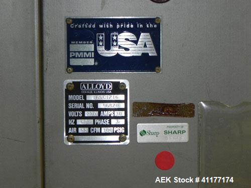 Used Alloyd Model 16SC1216 Blister Sealer. Capable of speeds from 6 to 20 cycles per minute. Has 16 stations with 12" (wide) X 16" (long) seal area. Machine has (8) load stations. Seal temperature ra...