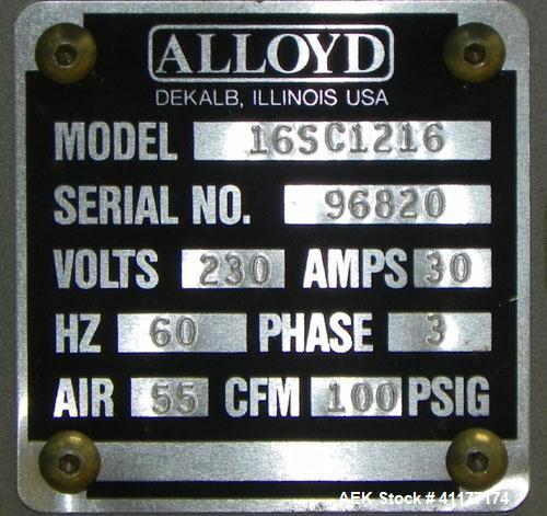 Used Alloyd Model 16SC1216 Blister Sealer. Capable of speeds from 6 to 20 cycles per minute. Has 16 stations with 12" (wide) X 16" (long) seal area. Machine has (8) load stations. Seal temperature ra...