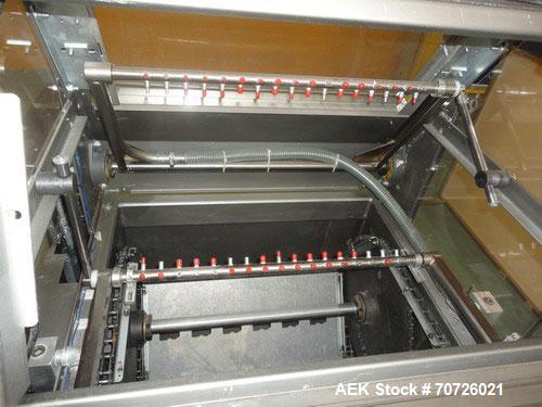 Used Alloyd Straight Line Blister Card Sealer, Model 13SL14284FE, Serial #2000-099. Manual load, max seal area is 14" x 28", typical speed is 20 per minute. Includes bar code scanner, VFD (variable s...