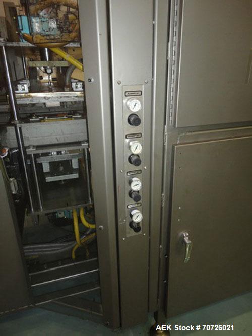 Used Alloyd Straight Line Blister Card Sealer, Model 13SL14284FE, Serial #2000-099. Manual load, max seal area is 14" x 28", typical speed is 20 per minute. Includes bar code scanner, VFD (variable s...