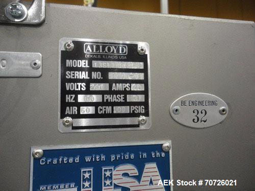 Used Alloyd Straight Line Blister Card Sealer, Model 13SL14284FE, Serial #2000-099. Manual load, max seal area is 14" x 28", typical speed is 20 per minute. Includes bar code scanner, VFD (variable s...
