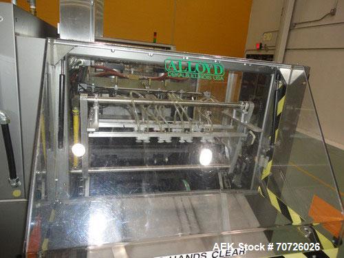 Used Alloyd Straight Line Blister Card Sealer, Model 13SL14284FE, Serial #97301. Manual load, max seal area is  14" x 28",  typical speed is 20 per minute, includes bar code scanner, VFD (variable sp...