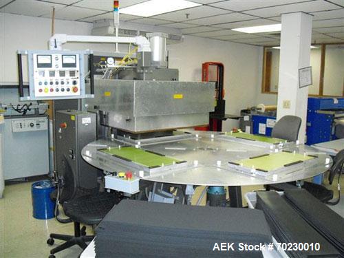 Used Alloyd Model 200SB Rotary Blister Sealer. 4 station, 84" diameter table, 26" x 32" seal stations, 3 product loading/unloading stations, 20 kw RF energy, 208-230 volt, serial# M2005-019.