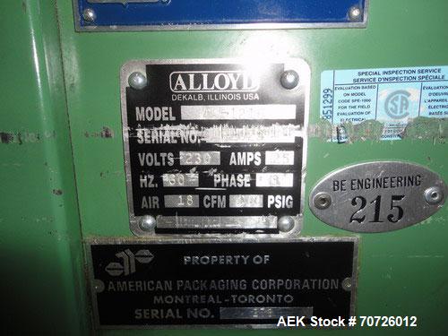 Used Alloyd Model 4S-1216 Four Station Rotary Blister Sealer. Capable of speeds 10 to 20 indexes per minute, indexes per minute multiplied by the number of packages per nesting tray. Package size max...