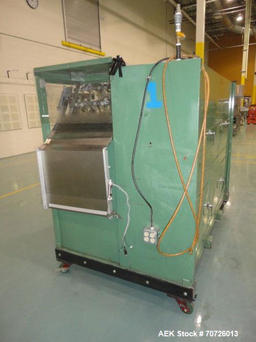 Used Alloyd Model 4S-1216 Four Station Rotary Blister Sealer. Capable of speeds 10 to 20 indexes per minute, indexes per minute multiplied by the number of packages per nesting tray. Package size max...