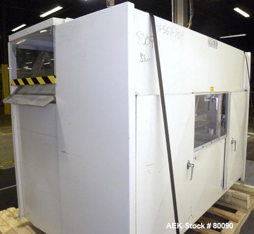 Used Alloyd Brands Four Station Rotary Blister Sealer, Model 4SM1216sn 93-824. Capable of speeds 10 to 20 indexes per minute, indexes per minute multiplied by the number of packages per nesting tray....
