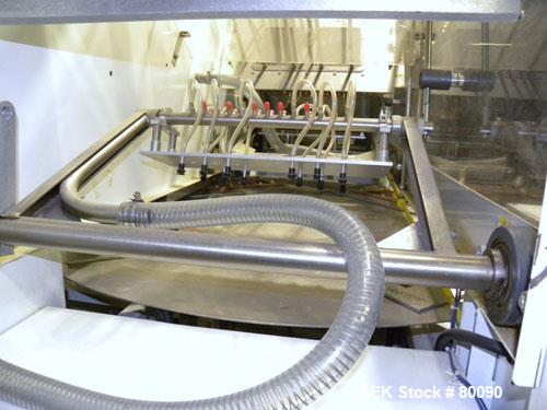 Used Alloyd Brands Four Station Rotary Blister Sealer, Model 4SM1216sn 93-824. Capable of speeds 10 to 20 indexes per minute, indexes per minute multiplied by the number of packages per nesting tray....