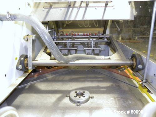 Used Alloyd Brands Four Station Rotary Blister Sealer, Model 4SM1216sn 93-824. Capable of speeds 10 to 20 indexes per minute, indexes per minute multiplied by the number of packages per nesting tray....