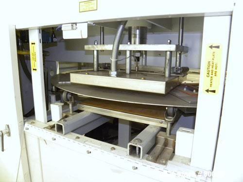 Used Alloyd Brands Four Station Rotary Blister Sealer, Model 4SM1216sn 93-824. Capable of speeds 10 to 20 indexes per minute, indexes per minute multiplied by the number of packages per nesting tray....