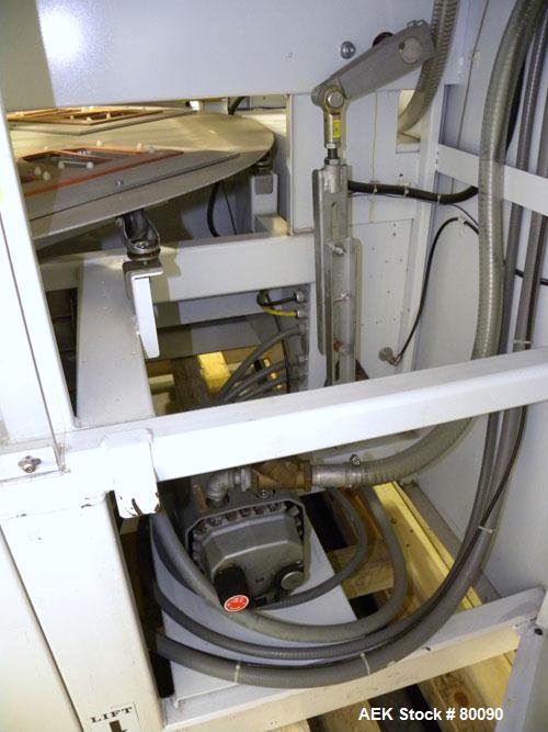 Used Alloyd Brands Four Station Rotary Blister Sealer, Model 4SM1216sn 93-824. Capable of speeds 10 to 20 indexes per minute, indexes per minute multiplied by the number of packages per nesting tray....
