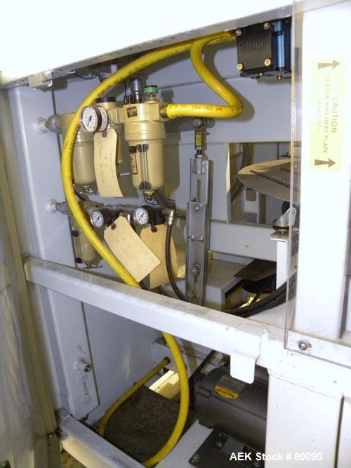 Used Alloyd Brands Four Station Rotary Blister Sealer, Model 4SM1216sn 93-824. Capable of speeds 10 to 20 indexes per minute, indexes per minute multiplied by the number of packages per nesting tray....