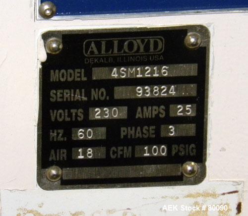 Used Alloyd Brands Four Station Rotary Blister Sealer, Model 4SM1216sn 93-824. Capable of speeds 10 to 20 indexes per minute, indexes per minute multiplied by the number of packages per nesting tray....