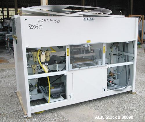 Used Alloyd Brands Four Station Rotary Blister Sealer, Model 4SM1216sn 93-824. Capable of speeds 10 to 20 indexes per minute, indexes per minute multiplied by the number of packages per nesting tray....