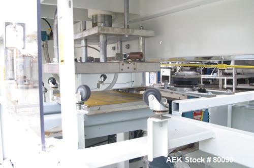 Used Alloyd Brands Four Station Rotary Blister Sealer, Model 4SM1216sn 93-824. Capable of speeds 10 to 20 indexes per minute, indexes per minute multiplied by the number of packages per nesting tray....