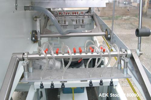 Used Alloyd Brands Four Station Rotary Blister Sealer, Model 4SM1216sn 93-824. Capable of speeds 10 to 20 indexes per minute, indexes per minute multiplied by the number of packages per nesting tray....
