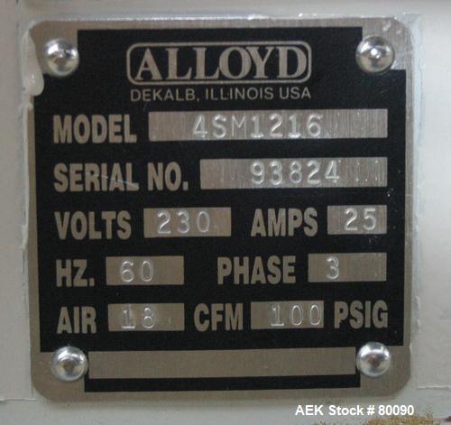 Used Alloyd Brands Four Station Rotary Blister Sealer, Model 4SM1216sn 93-824. Capable of speeds 10 to 20 indexes per minute, indexes per minute multiplied by the number of packages per nesting tray....