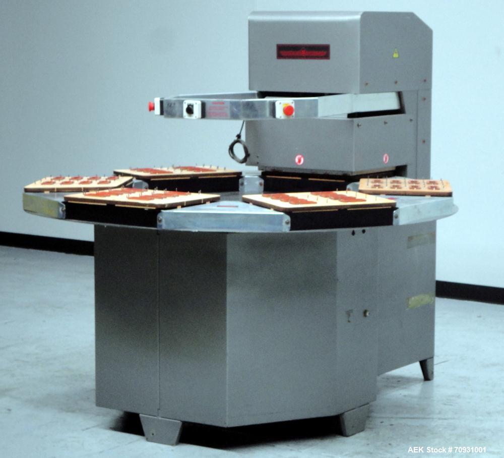 Used Visual Packaging System Model SDS6C (6) Station Semi-Automatic Rotary Blister Sealer. Has 14" x 18" Seal Area, 3-1/4" Blister Depth, Seal Pressure of 2,900 lbs. @ 100psi, and Variable Cycle Spee...