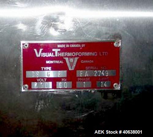 Used Visual Thermoforming six station rotary blister sealer, model D-S-6-F. 51" diameter turntable. 12” x 14” (30 cm x 35 cm) seal area. Blister depth 3 ¼” (8.26 cm) standard, seal pressure 2,000 lbs...